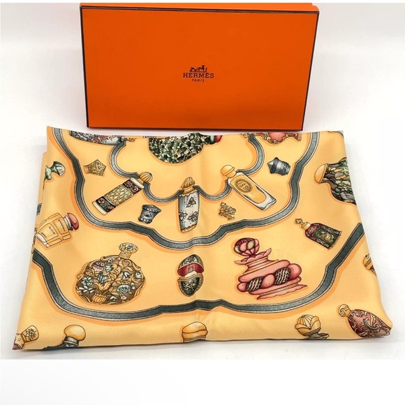 Hermes Accessories - Yellow Hermes Carre 90 Silk Scarf Perfume Bottle W/Box